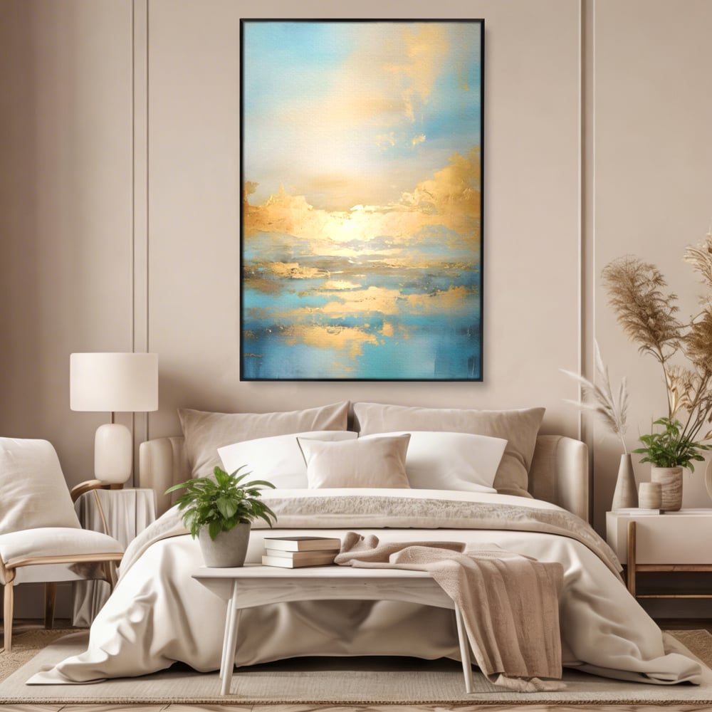 Tablou canvas cu tablou canvas cu peisaj marin abstract, in rama de aluminiu negru, pe perete intr-un dormitor